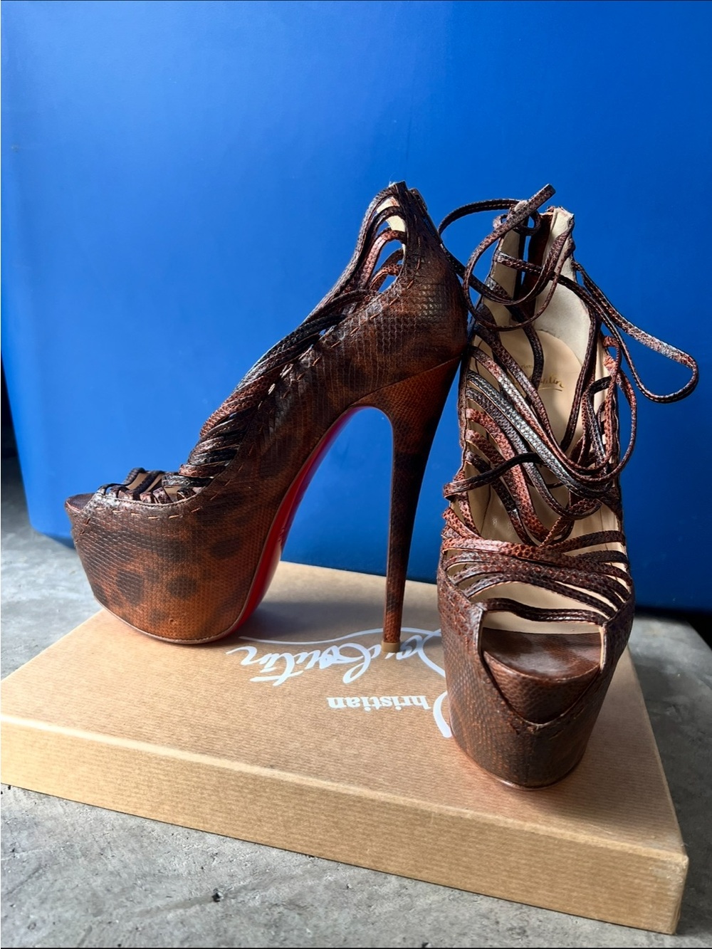 Designer Brown Snakeskin Lace-Up Platform Heels